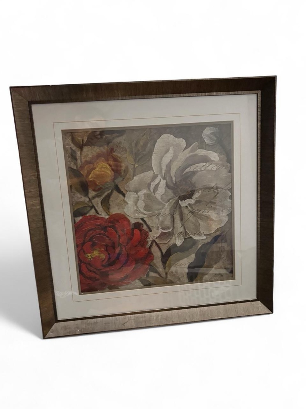 Large vintage Framed Floral Wall Art Print in Red and Cream
